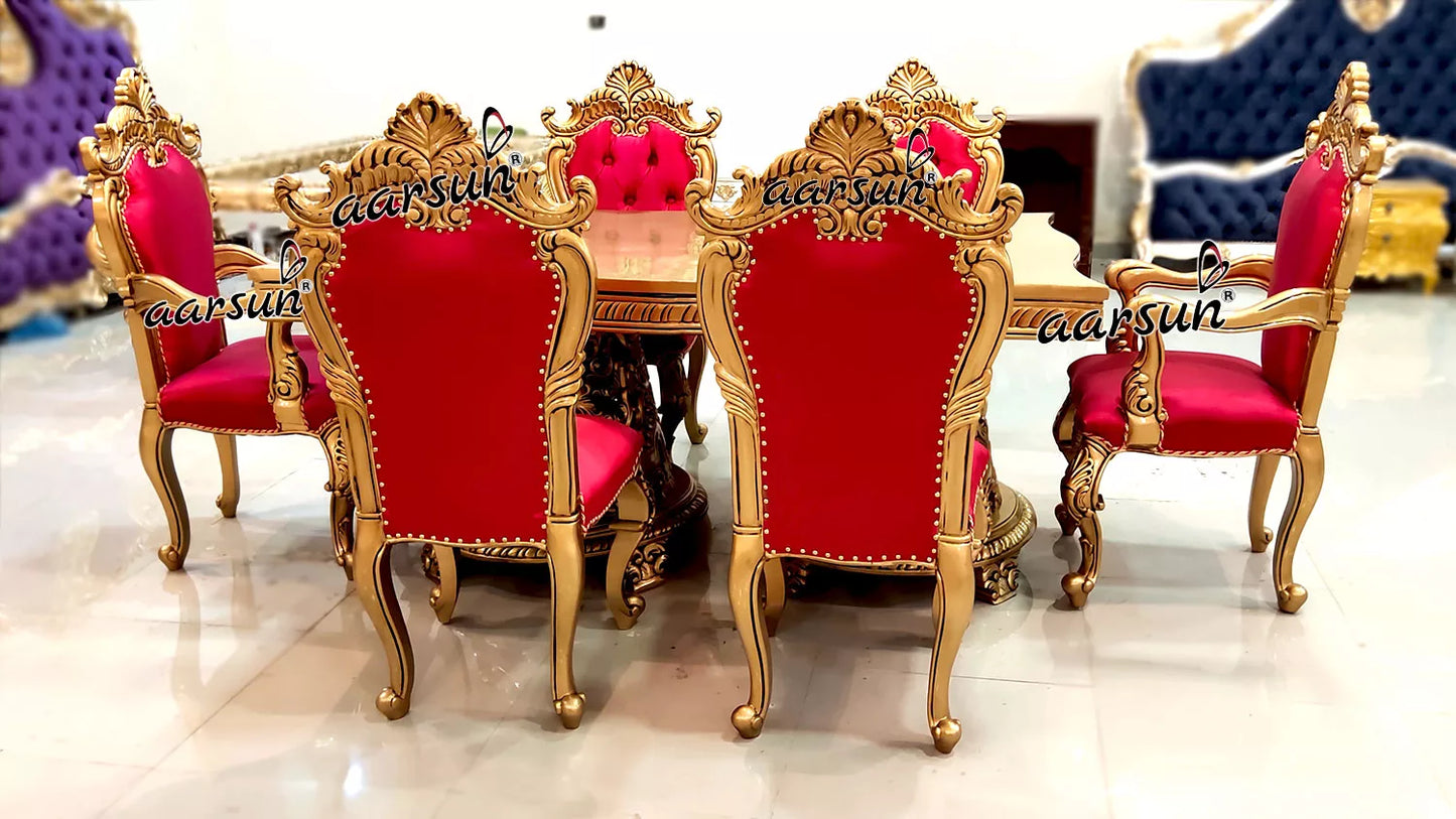 6 Seater Dining Set in Gold Paint & Pink Fabric YT-269