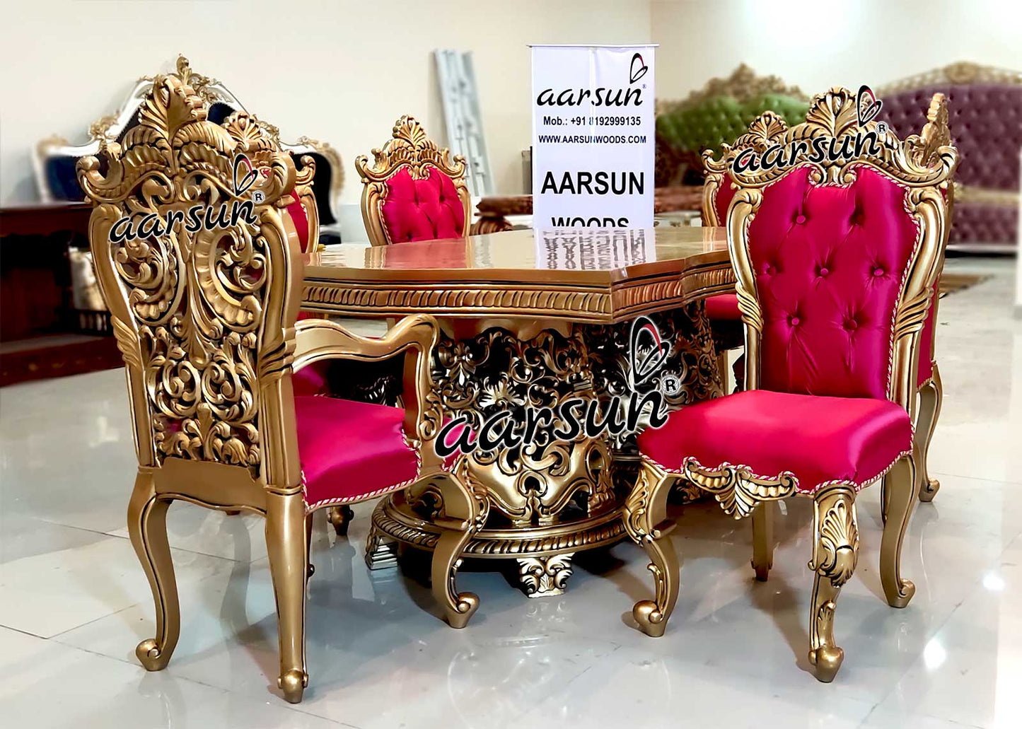 6 Seater Dining Set in Gold Paint & Pink Fabric YT-269