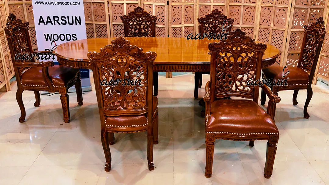 6 Seater Dining Set in Teak Wood Teak Glossy Finish YT-461