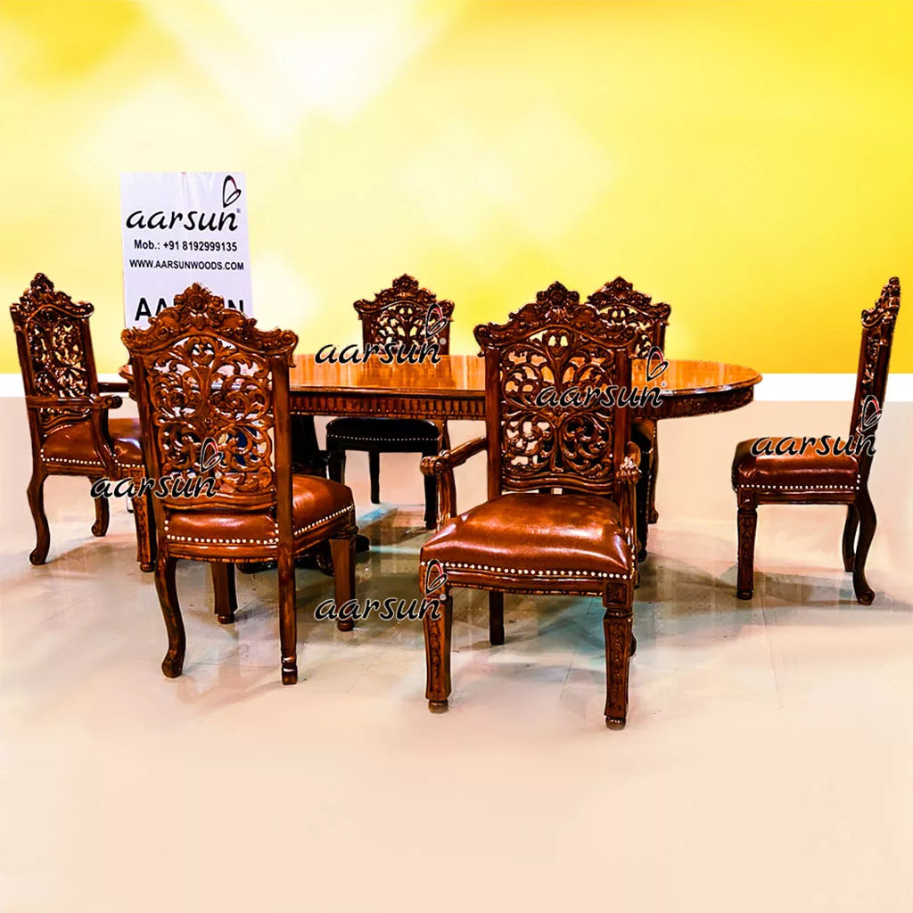 6 Seater Dining Set in Teak Wood Teak Glossy Finish YT-461