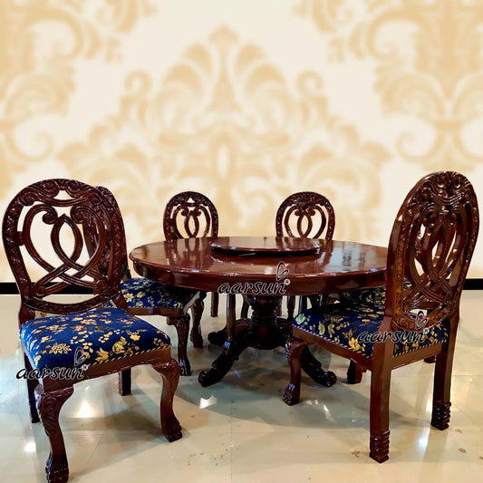 6 Seater Round Dining Table Set Dark Brown Finish YT-230