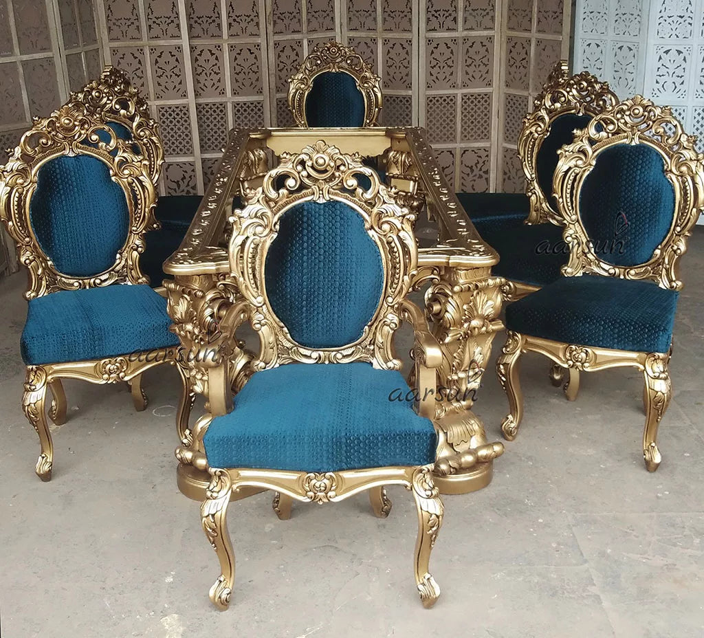 8 Seater Teak Wood Dining Set with Royal Blue Fabric