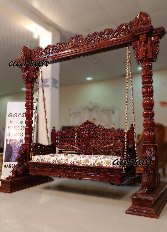 Artisan Carved Wooden Swing with Sturdy Brass Chain