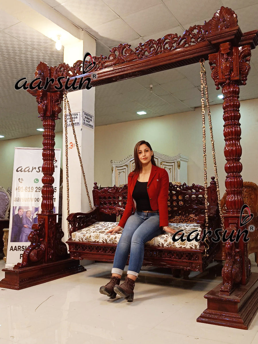 Artisan Carved Wooden Swing with Sturdy Brass Chain