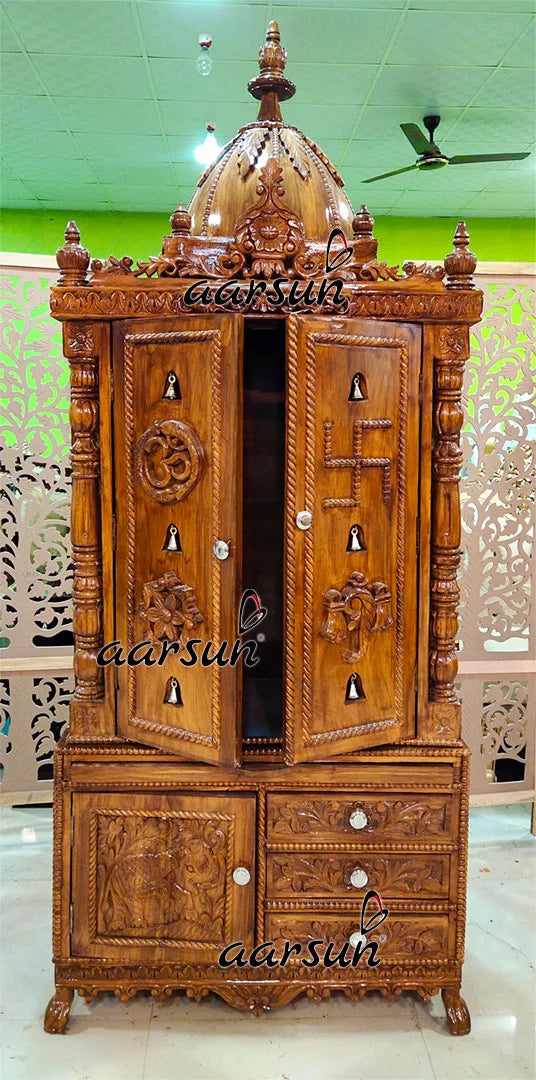 Handcrafted Wooden Temple with Doors & Bells