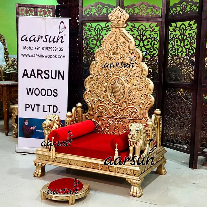 Elegant Teak Wood Guruji Chair Singhasan with Antique Gold Duco Paint