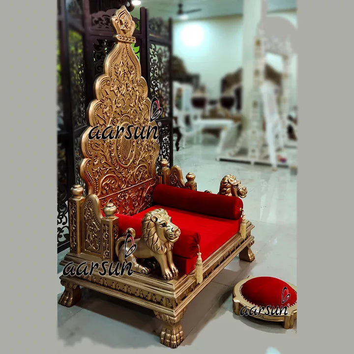 Elegant Teak Wood Guruji Chair Singhasan with Antique Gold Duco Paint