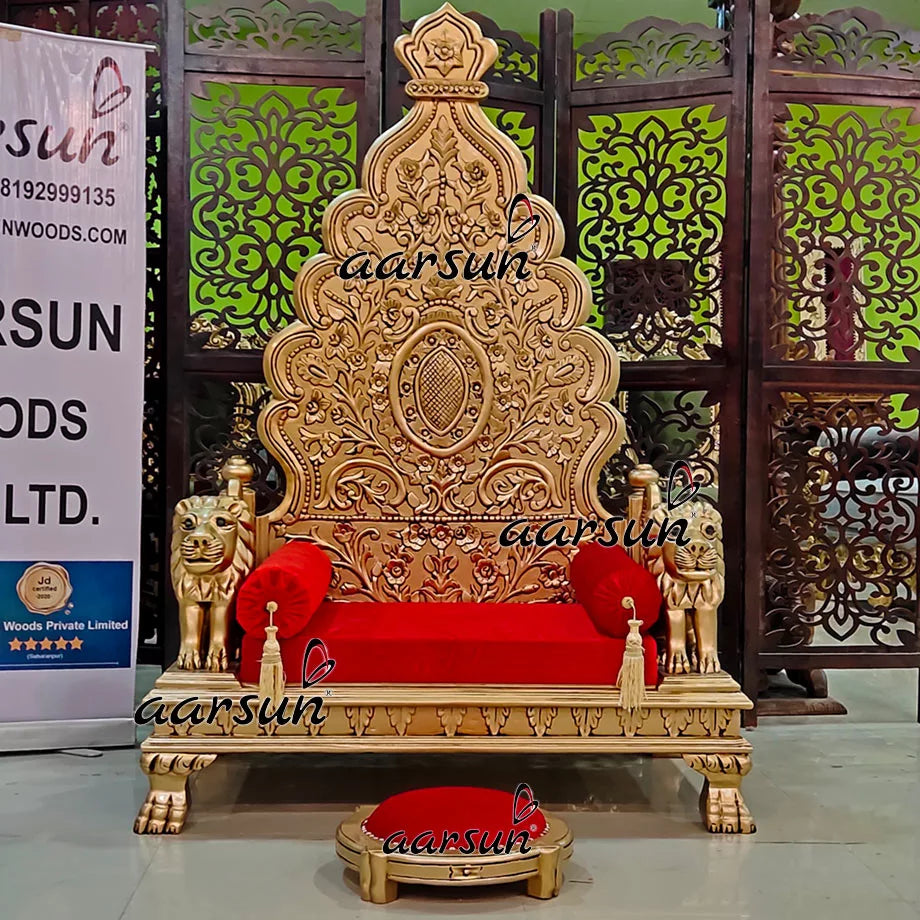 Elegant Teak Wood Guruji Chair Singhasan with Antique Gold Duco Paint