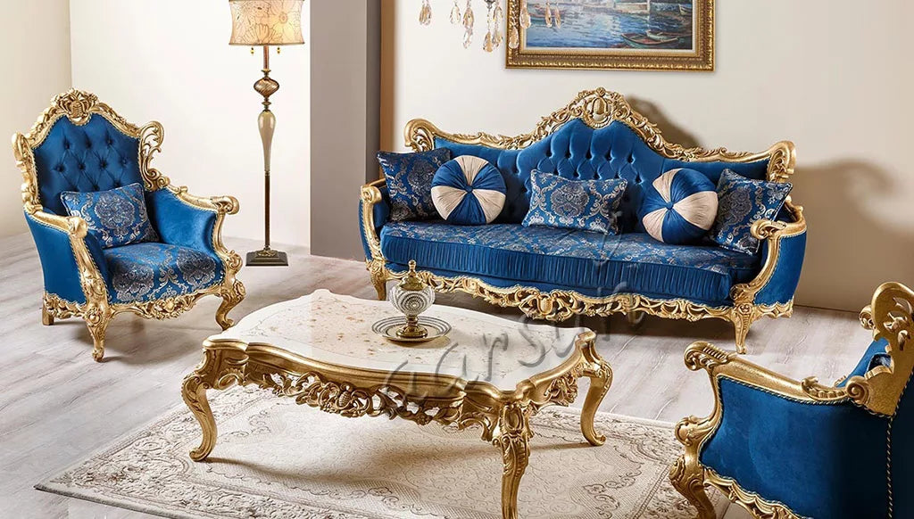 शाही नीले रंग का लकड़ी का सोफा सेट (Wooden Sofa Set)