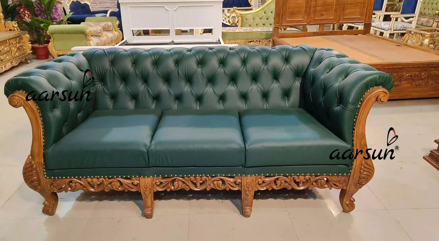 Vintage-Inspired Chesterfield Sofa in Emerald Green Fabric