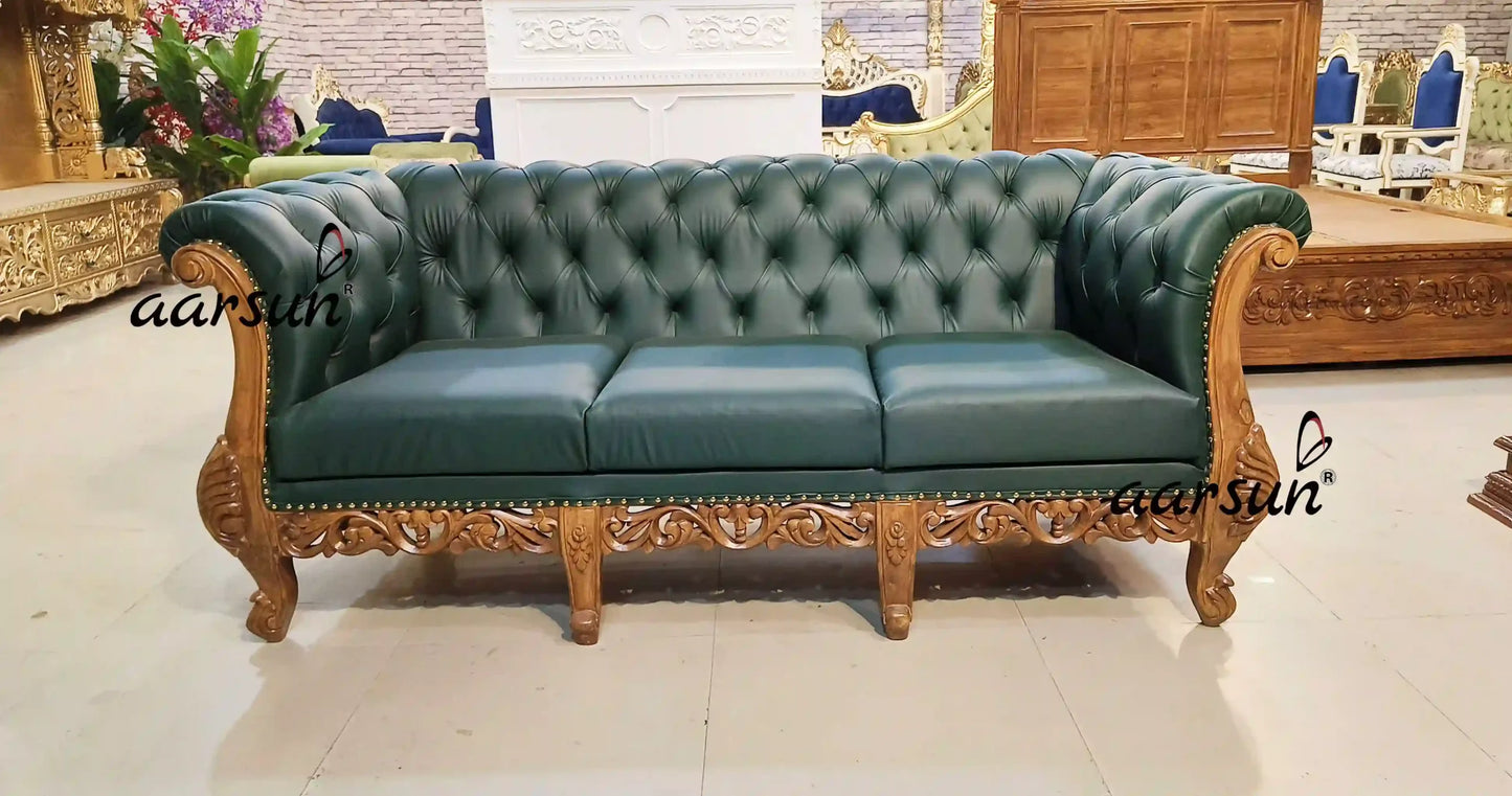 Vintage-Inspired Chesterfield Sofa in Emerald Green Fabric