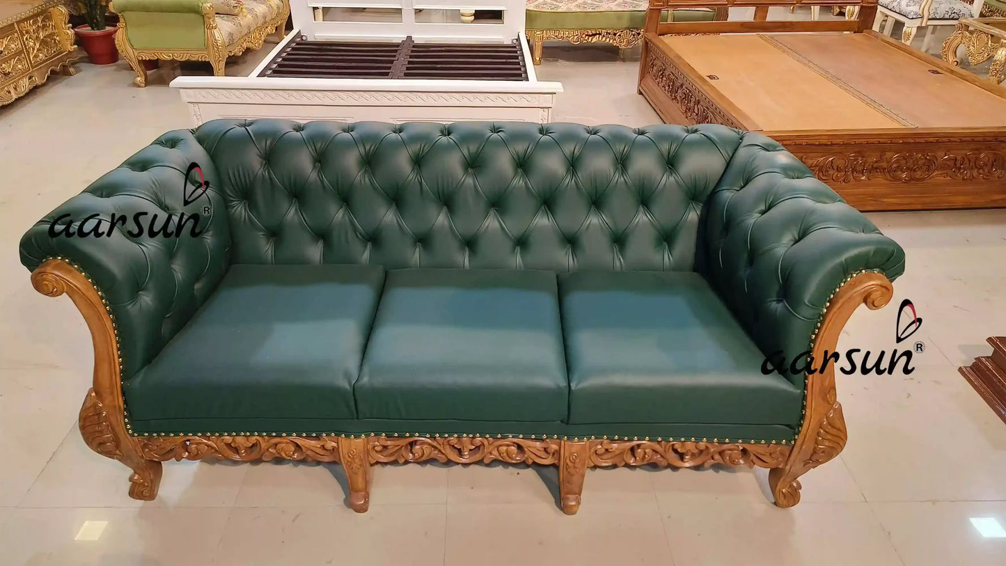 Vintage-Inspired Chesterfield Sofa in Emerald Green Fabric