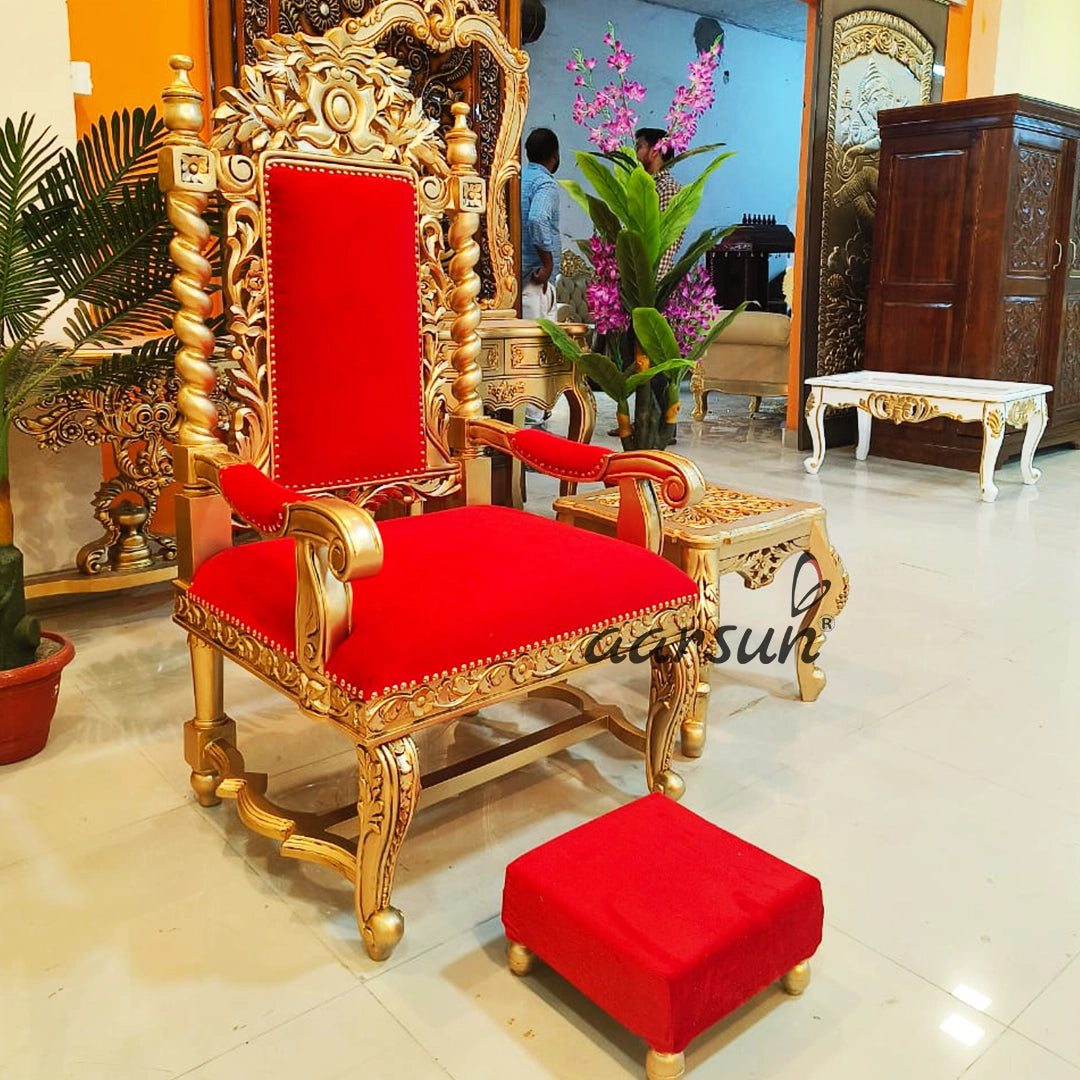 Luxury Wooden Guruji Chair with Stool by Aarsun in Gold Polish Finish