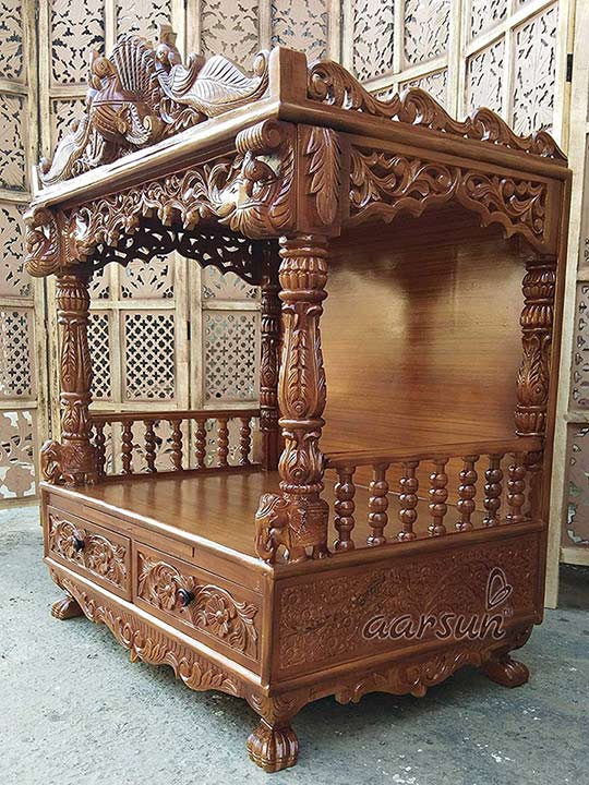 Sagwan Wooden Pooja Temple with Drawers YT-36