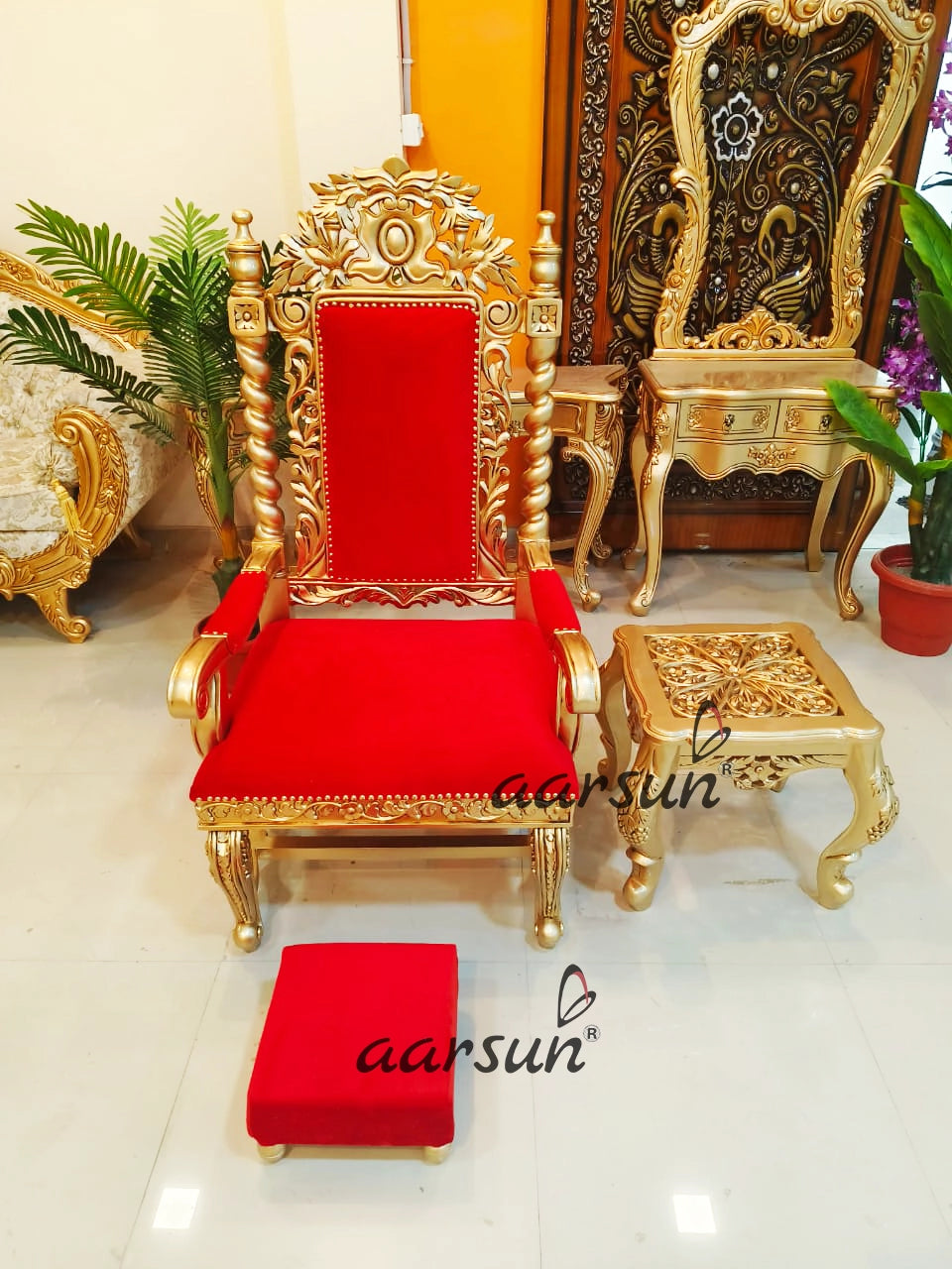 Luxury Wooden Guruji Chair with Stool by Aarsun in Gold Polish Finish