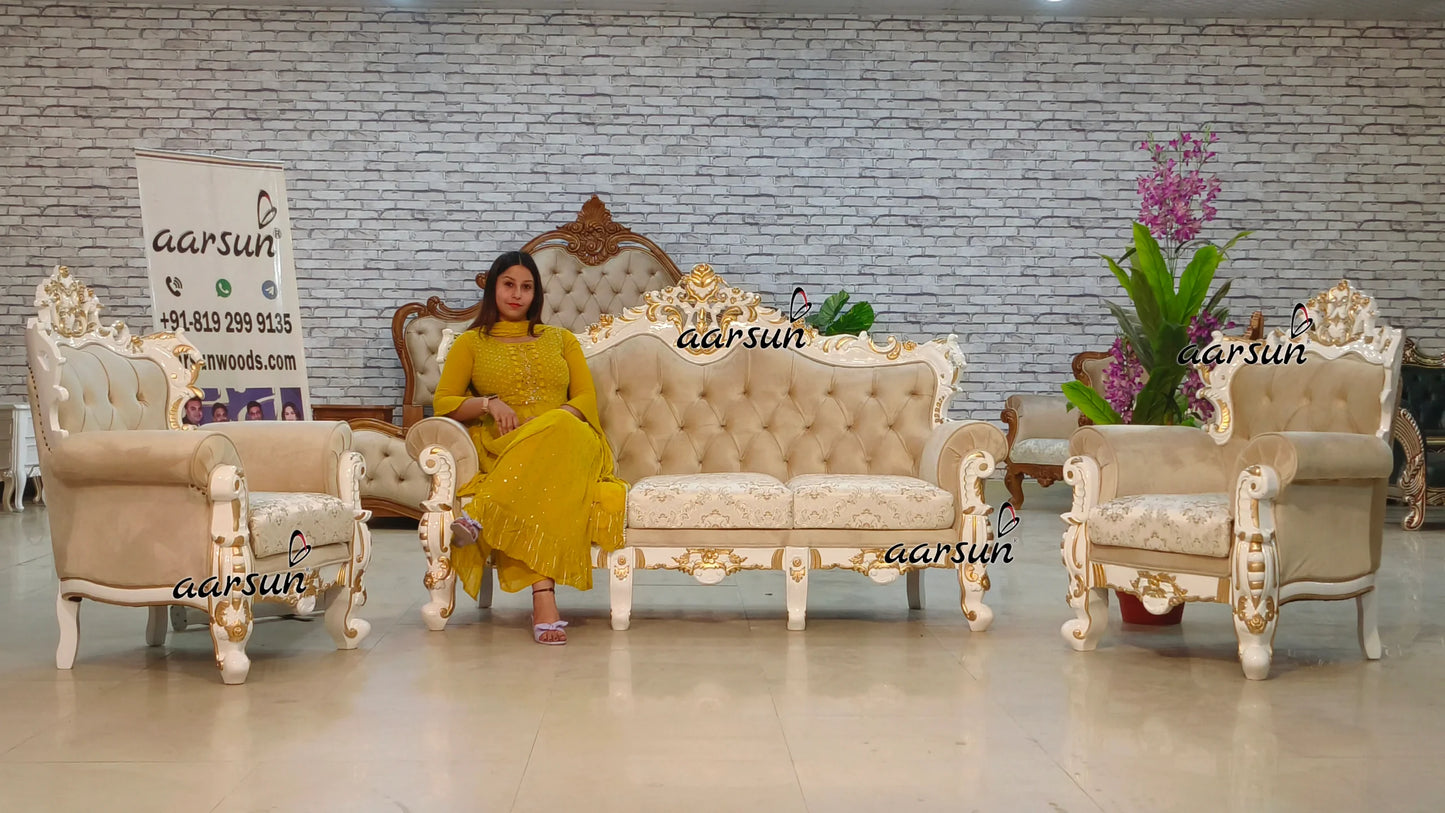 गोल्ड हाइलाइटेड सफ़ेद डेको सोफ़ा सेट - आर्सुन (Gold Highlighted Safed Deco Sofa Set - Aarsun)