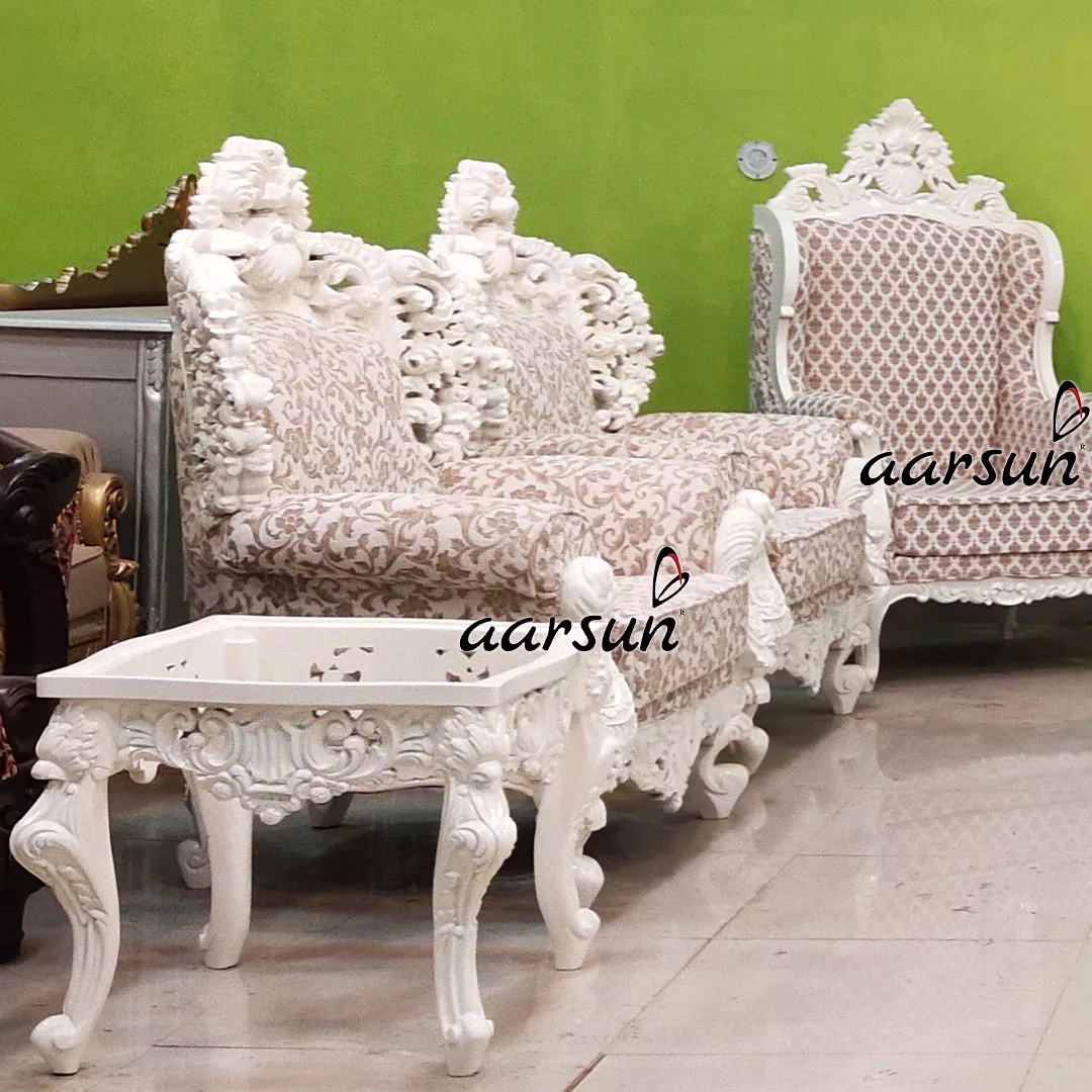 Luxurious animesuge Off-White Sofa Set Double Carved