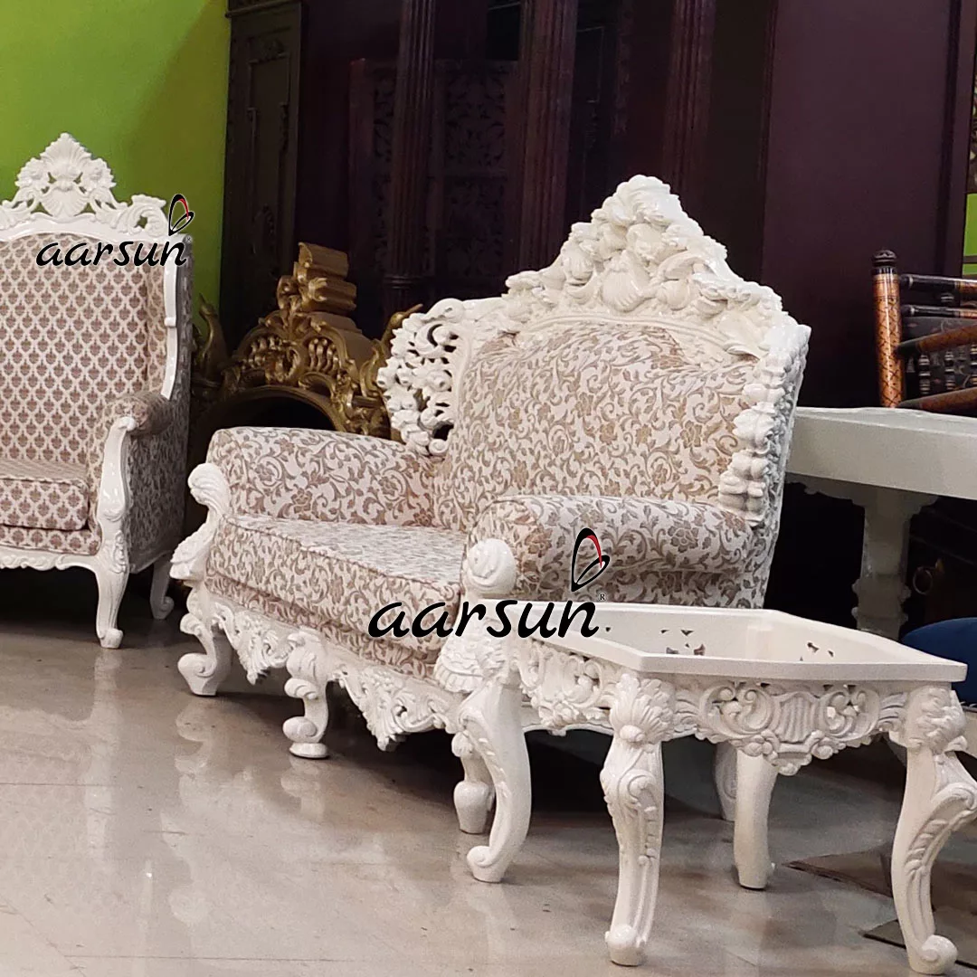 Luxurious animesuge Off-White Sofa Set Double Carved