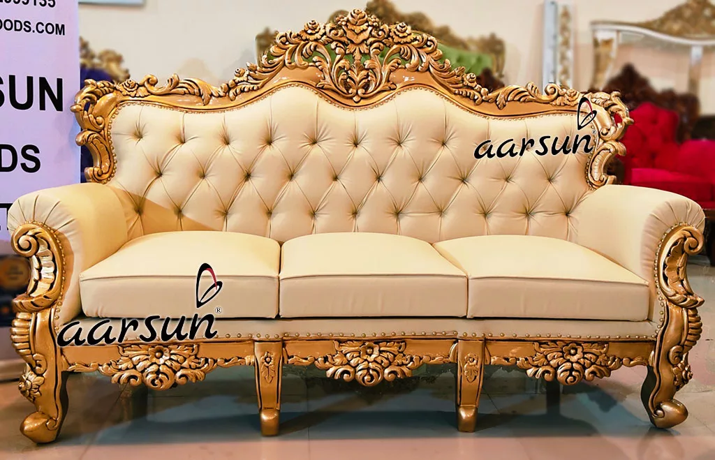 Designer myflixer Gold Sofa in Teak Wood top design 2025