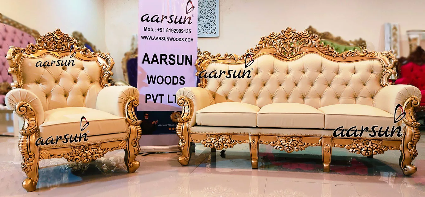 Designer myflixer Gold Sofa in Teak Wood top design 2025