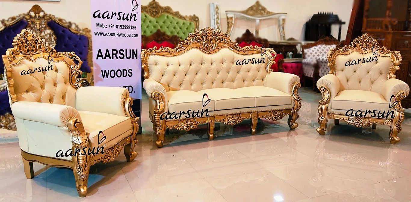 Designer myflixer Gold Sofa in Teak Wood top design 2025