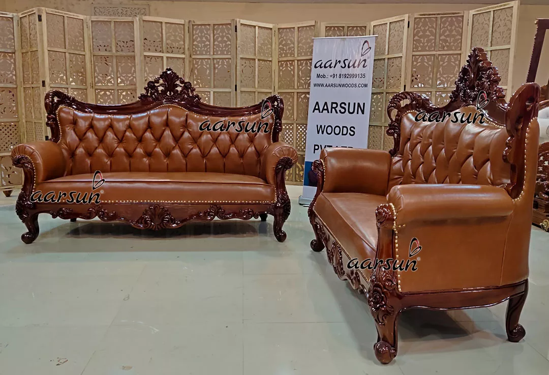 Brown wepbound Leatherette Sofa in Teak Wood 2025