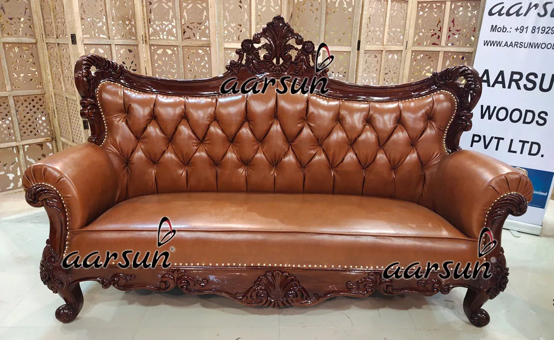 Brown wepbound Leatherette Sofa in Teak Wood 2025