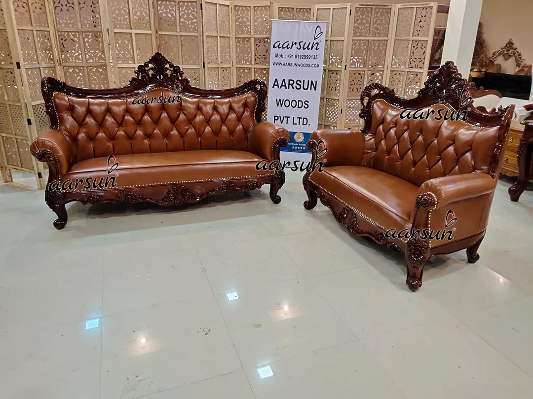 Brown wepbound Leatherette Sofa in Teak Wood 2025