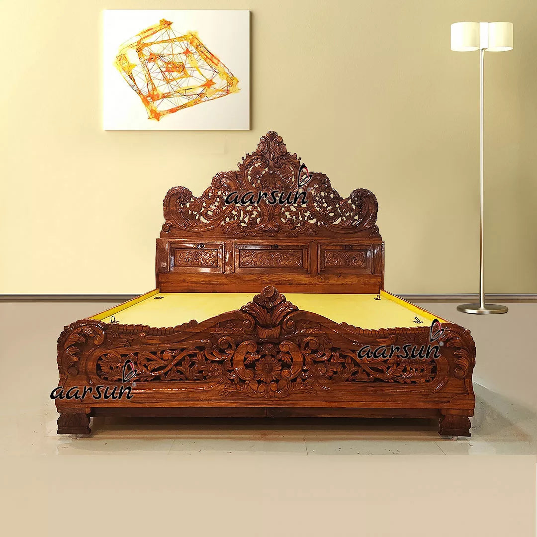 Carved Wooden Bed Natural Finish YT-241