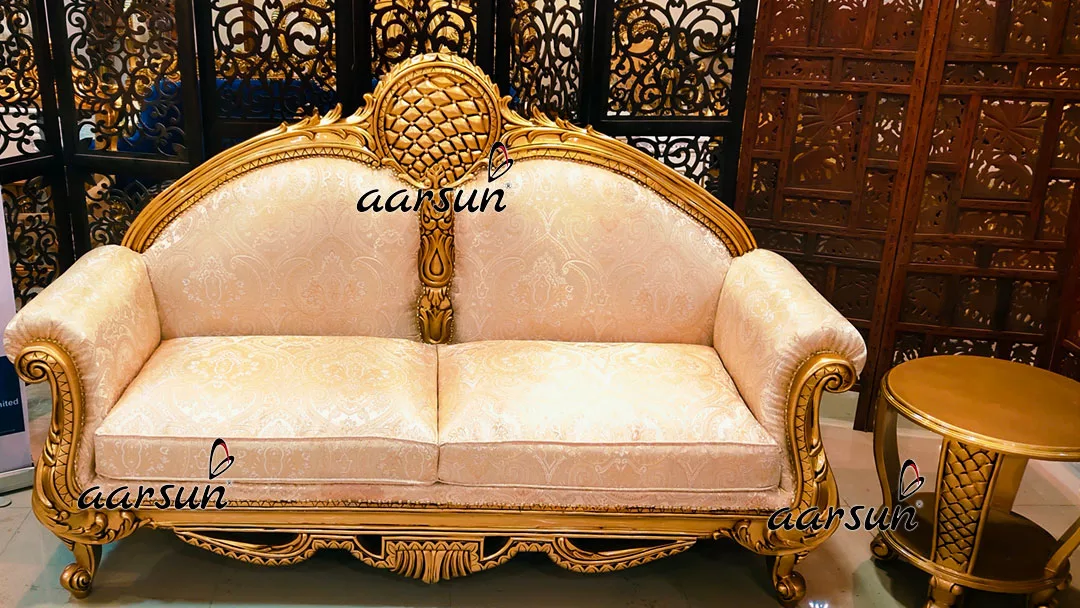 Dreamy solarmovie Sofa Set 5 Seater Carved in Teak &amp; Gold Painted 2025