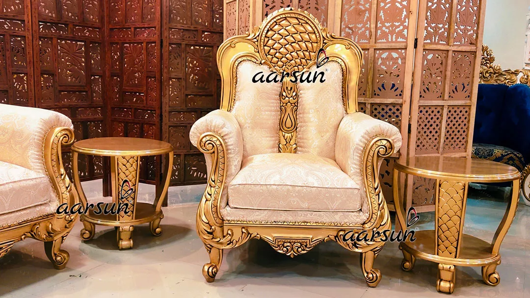 Dreamy solarmovie Sofa Set 5 Seater Carved in Teak &amp; Gold Painted 2025