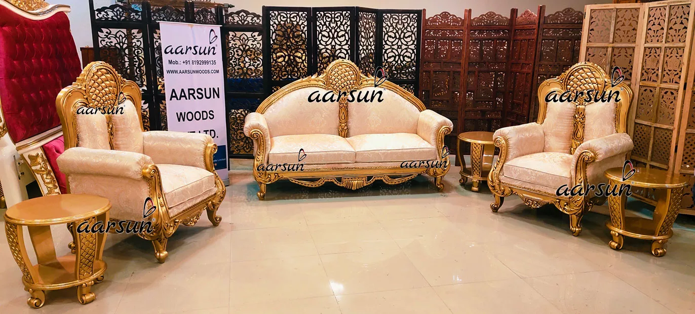 Dreamy solarmovie Sofa Set 5 Seater Carved in Teak &amp; Gold Painted 2025