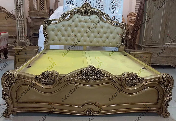 Handmade Floral Design Bed - Teak Wood in Gold Finish YT-133