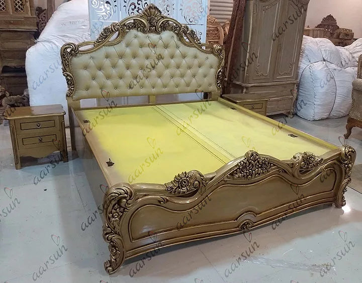 Handmade Floral Design Bed - Teak Wood in Gold Finish YT-133