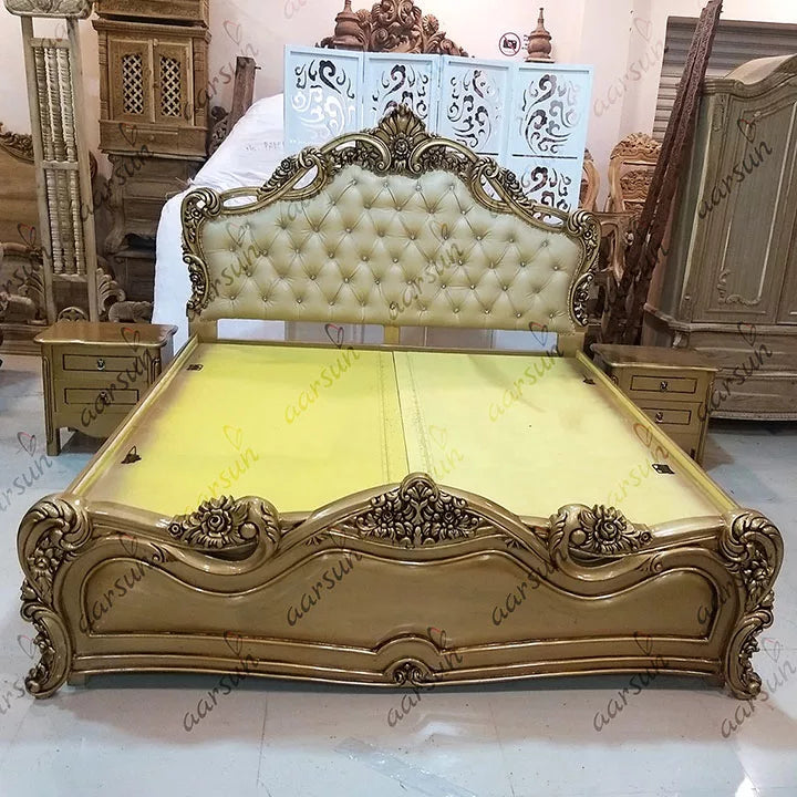 Handmade Floral Design Bed - Teak Wood in Gold Finish YT-133