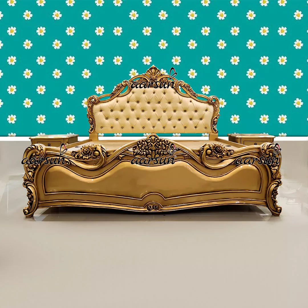 Handmade Floral Design Bed - Teak Wood in Gold Finish YT-133