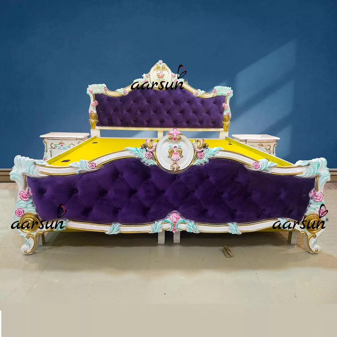 King Size Bed - White Polish with Velvet Fabric YT-125