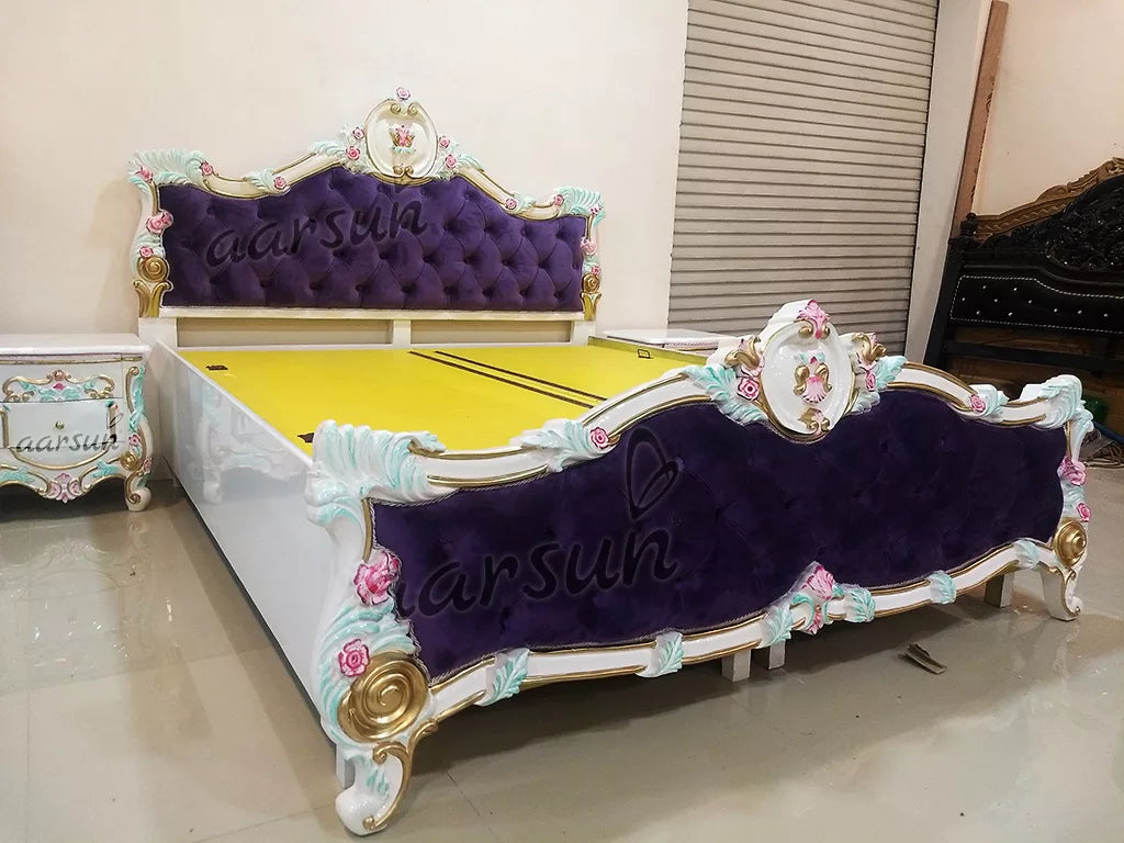 King Size Bed - White Polish with Velvet Fabric YT-125