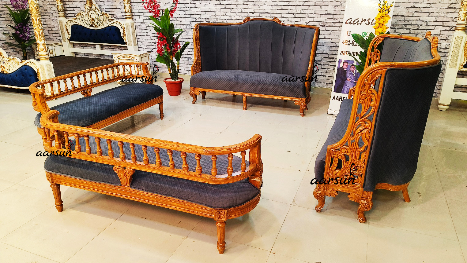 Red Oak Wood 123movies  Sofa Set with Blue Fabric 2025