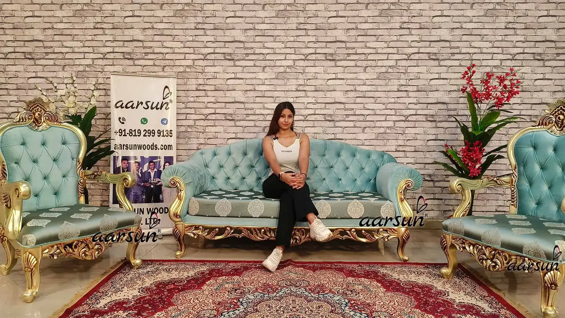 Luxurious Light Blue 5-Seater Sofa Set with Tufted Back and Gold Polish 2025