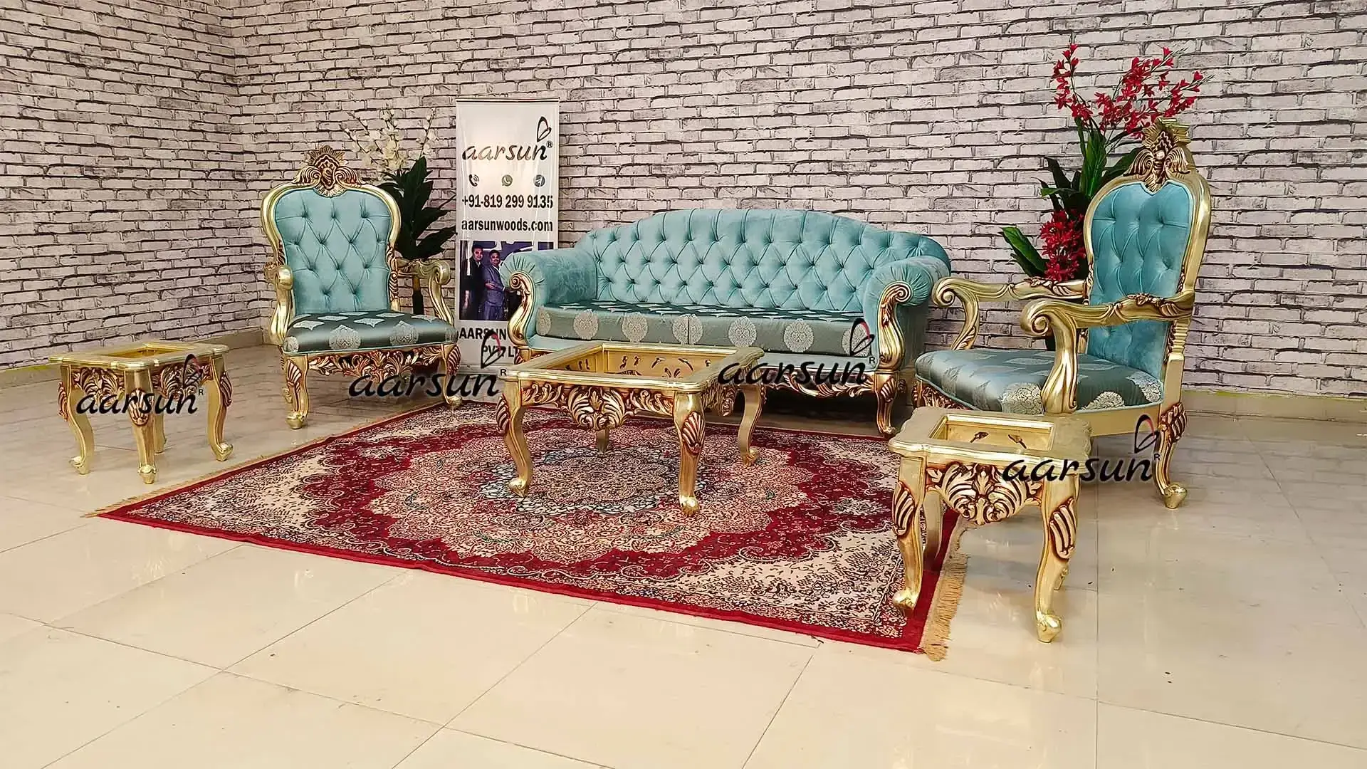 Luxurious Light Blue 5-Seater Sofa Set with Tufted Back and Gold Polish 2025