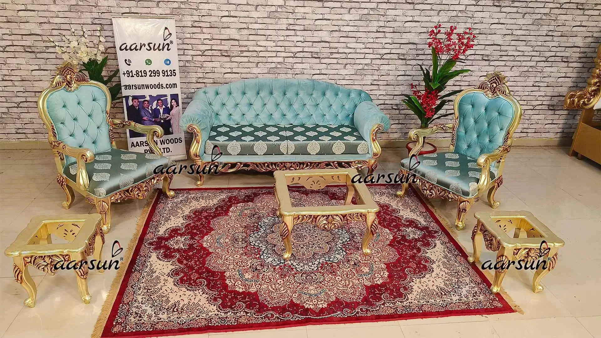 Luxurious Light Blue 5-Seater Sofa Set with Tufted Back and Gold Polish 2025