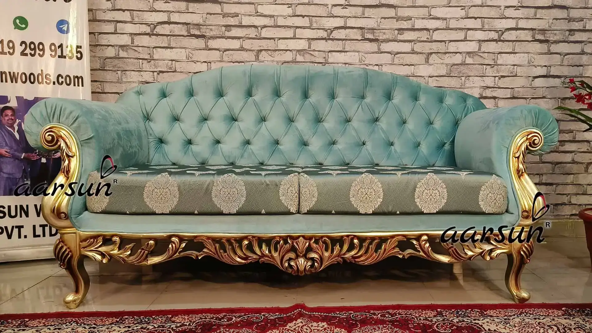 Luxurious Light Blue 5-Seater Sofa Set with Tufted Back and Gold Polish 2025