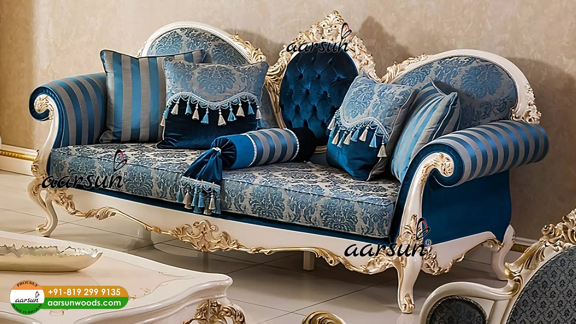 Royal White Finish Sofa Set with Golden Highlights