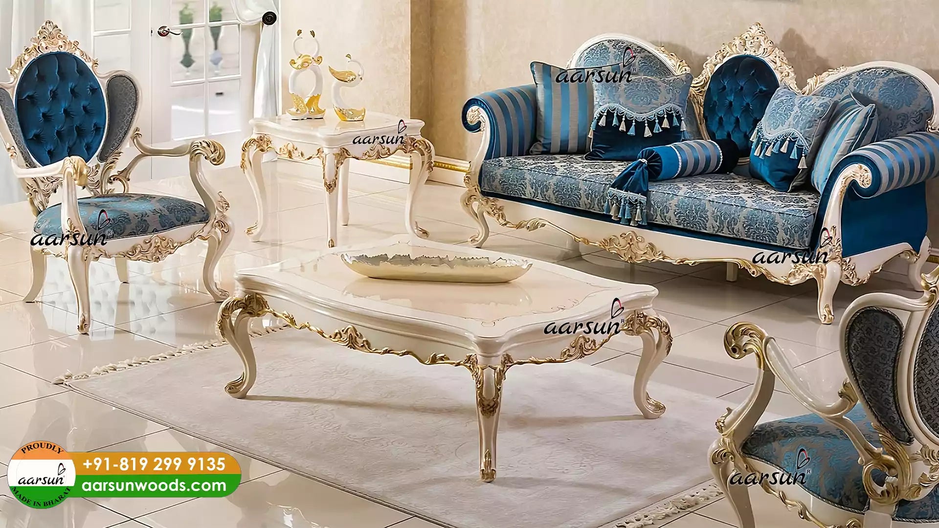 Royal White Finish Sofa Set with Golden Highlights