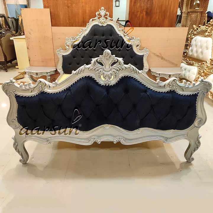 Hand-carved Silver Wooden Bed Premium Quality Wood YT-185