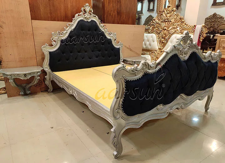 Hand-carved Silver Wooden Bed Premium Quality Wood YT-185