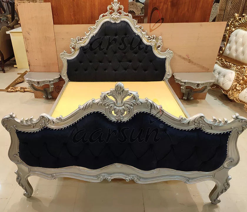 Hand-carved Silver Wooden Bed Premium Quality Wood YT-185