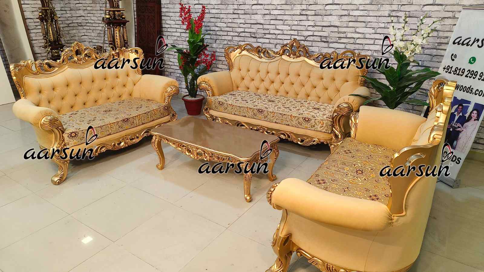 Teak Wood washington post Sofa Set with Antique Gold Paint 2025
