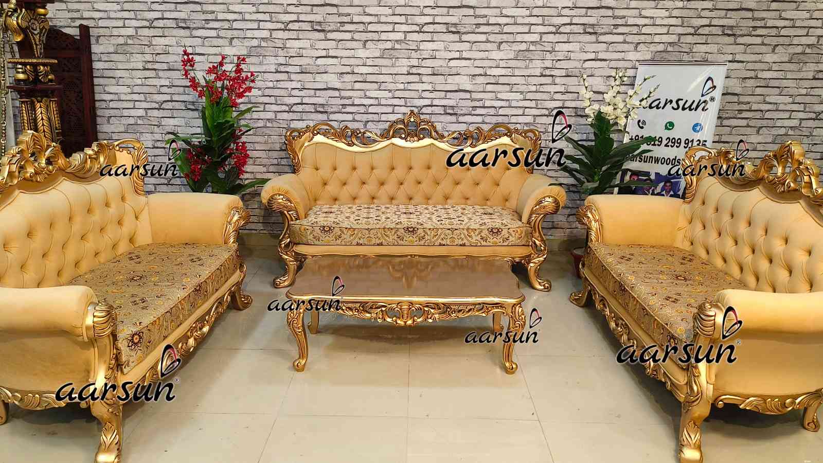 Teak Wood washington post Sofa Set with Antique Gold Paint 2025